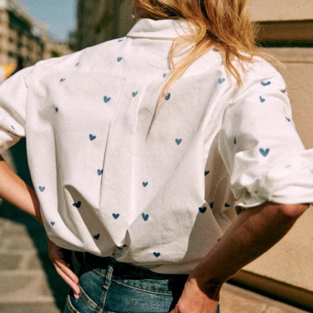Sezane MAX Shirt w/ embroidered blue hearts